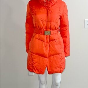 Women Stand Collar Quilted Padded Medium Length Belted Down Jacket Coral Size S